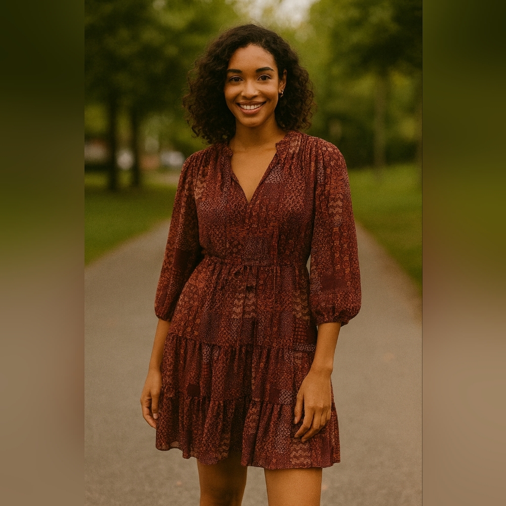 BCBG Paris Maroon Geometric Long Sleeve Dress